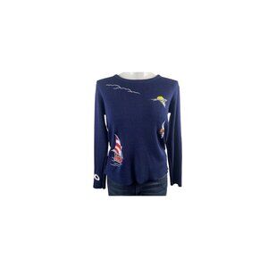 Vintage 1970s LeRoy Knitwear Womens L Navy Blue Sailing Embroidered  Sweater